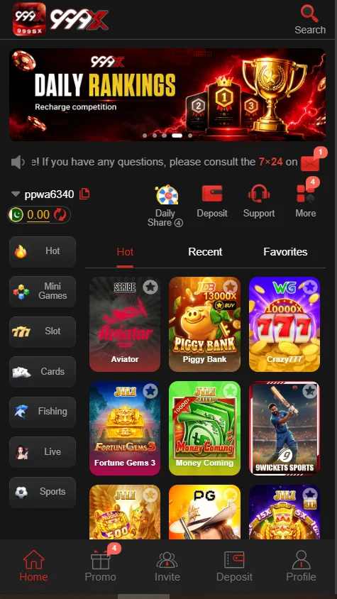 Alt Text: 999X Game dashboard showing available game modes and user balance