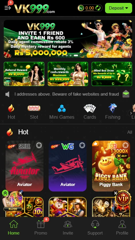 Vk999 Game main lobby interface