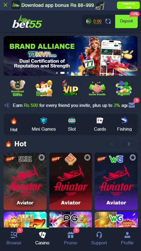 Bet55 Game Dashboard Interface